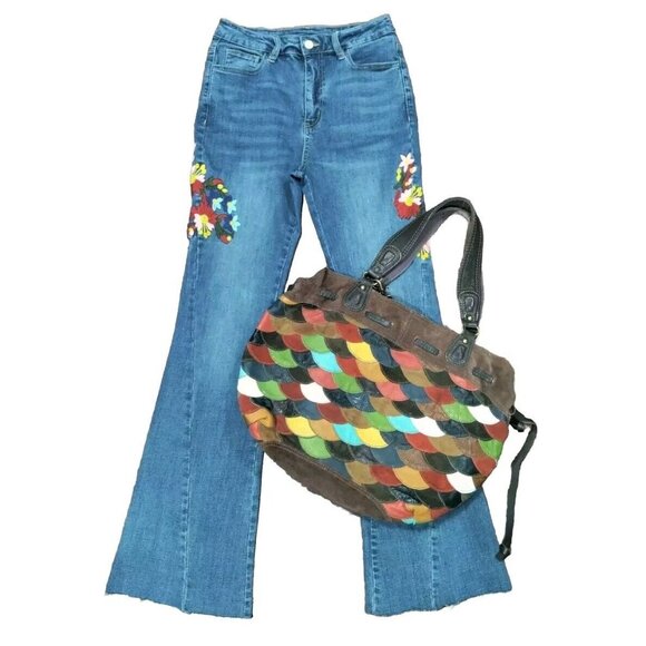 70s Flare Leg Whimsy Flower Y2K High waist Denim Jeans 27 - Picture 3 of 11